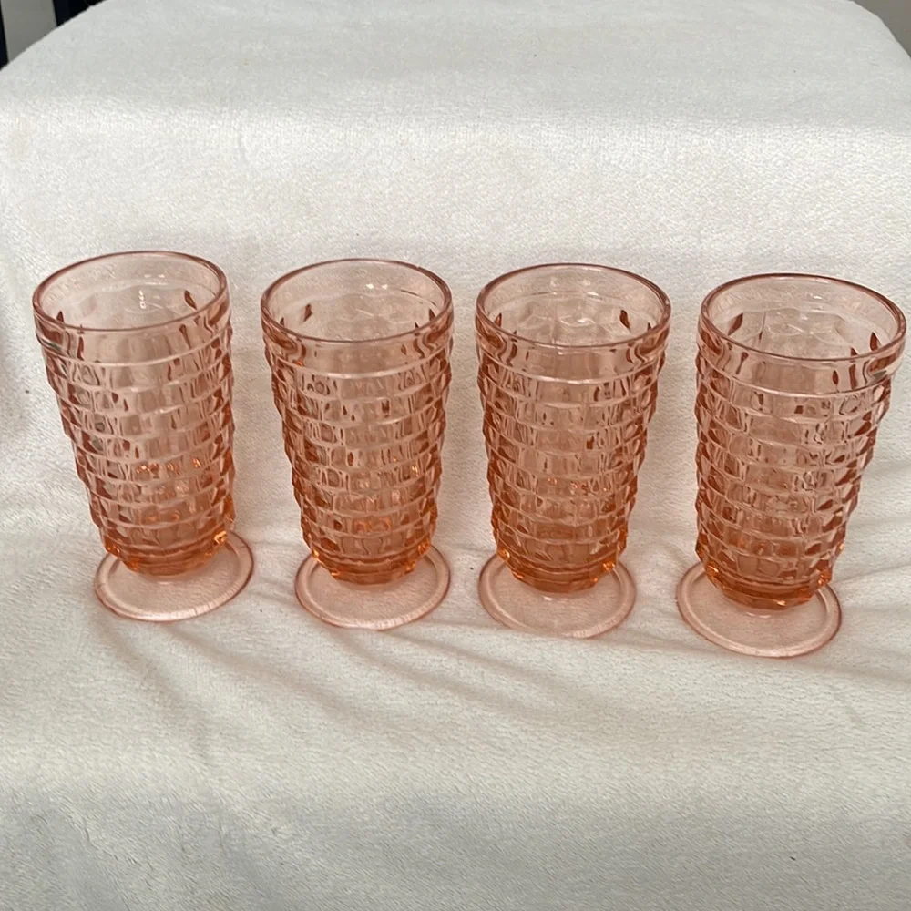 Vtg 4 Indiana Whitehall Peach Pink Ice Tea  Cooler Drinking Glasses Cubist - Picture 3 of 14